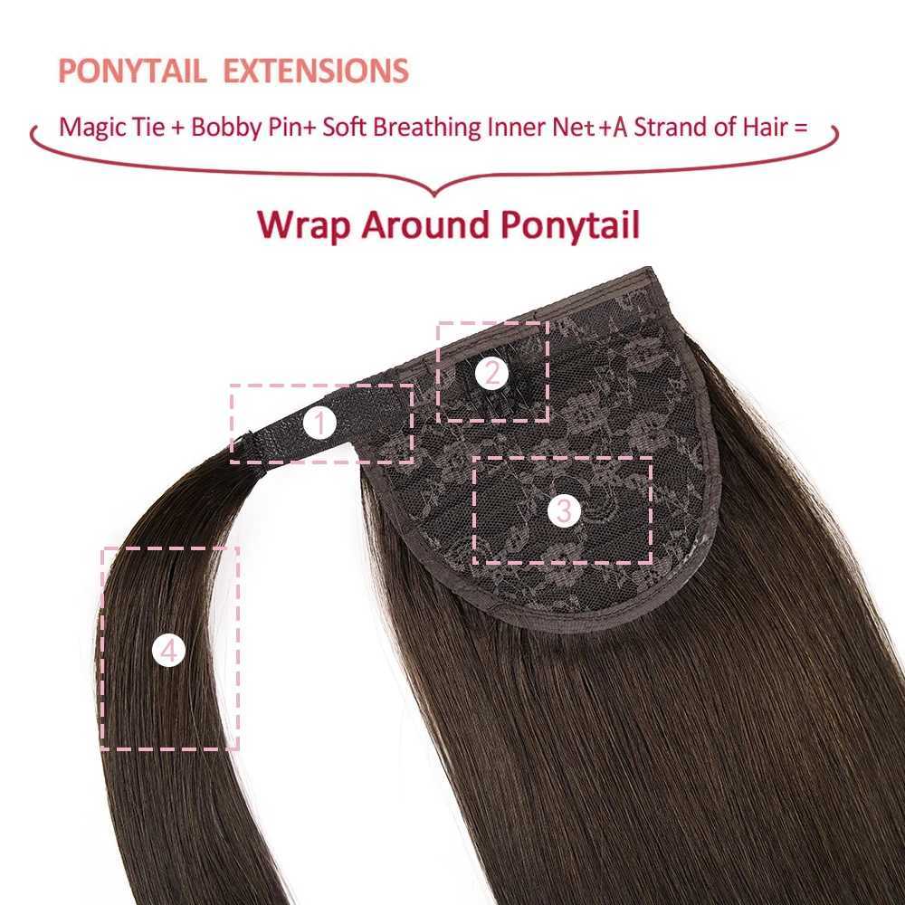 Ponytail extends around the magic wrap of hair adding hair. True ponytail extends from human hair to female 22 inches brown 2# 100g W240817