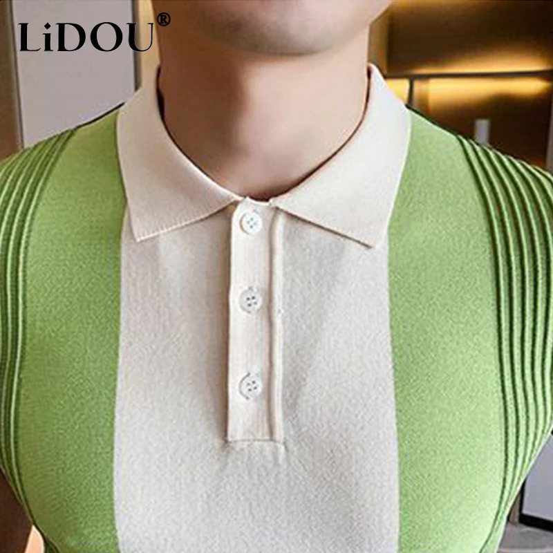 Summer Korean Fashion Polo Shirts Men Creative Y2k Sports Chic Loose Casual Contrasting Colors Hipster Street Top Clothes 240819