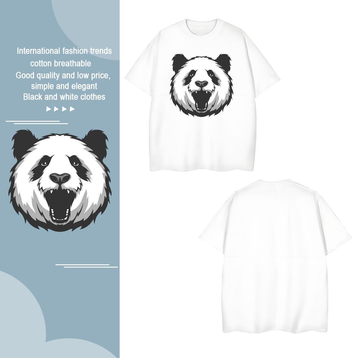 Comfortable T Shirt For Man panda Round Neck Short Sleeve Sports Casual Black White 230g Pure Cotton Men Tshirts 2024 New Tee Shirt