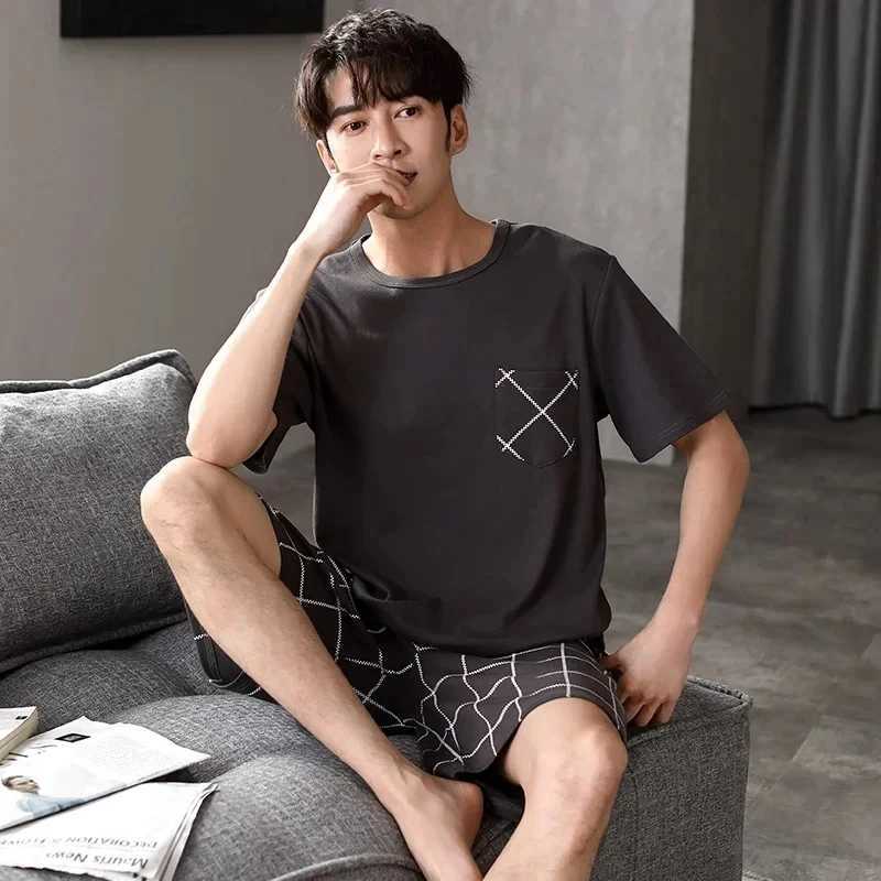 Dropshipping Pajama Set Mens Cotton Pajama Large Size 3xl 4xl Pajama Para Hombre Summer Cotton Short PajamaW240719