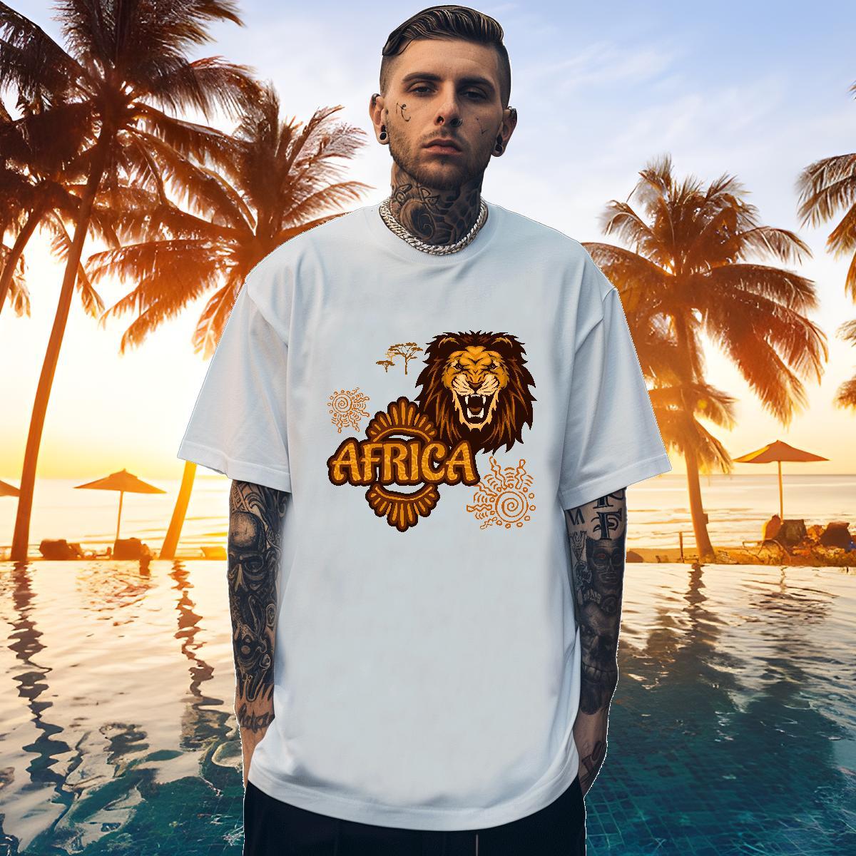 Loose Fit T-Shirts Africa lion Crew Neck Breathable High Street Hip Hop Graphic 100% Cotton 230g Men Clothes T-Shirt Customized Tee Shirt