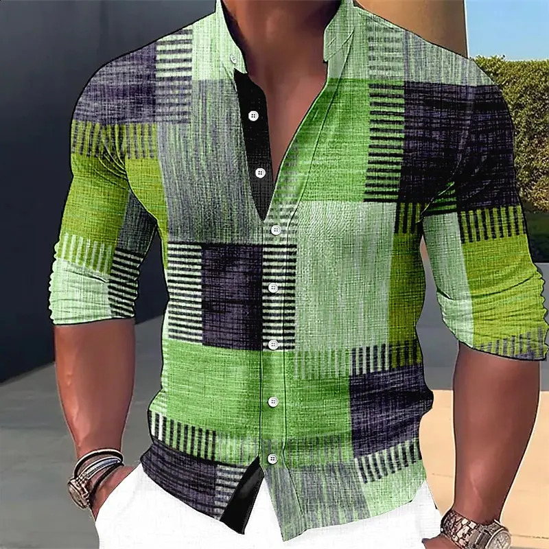 Mens shirt plaidcheck pattern geometric stand collar outdoor street long sleeve fashion streetwear casual 240815