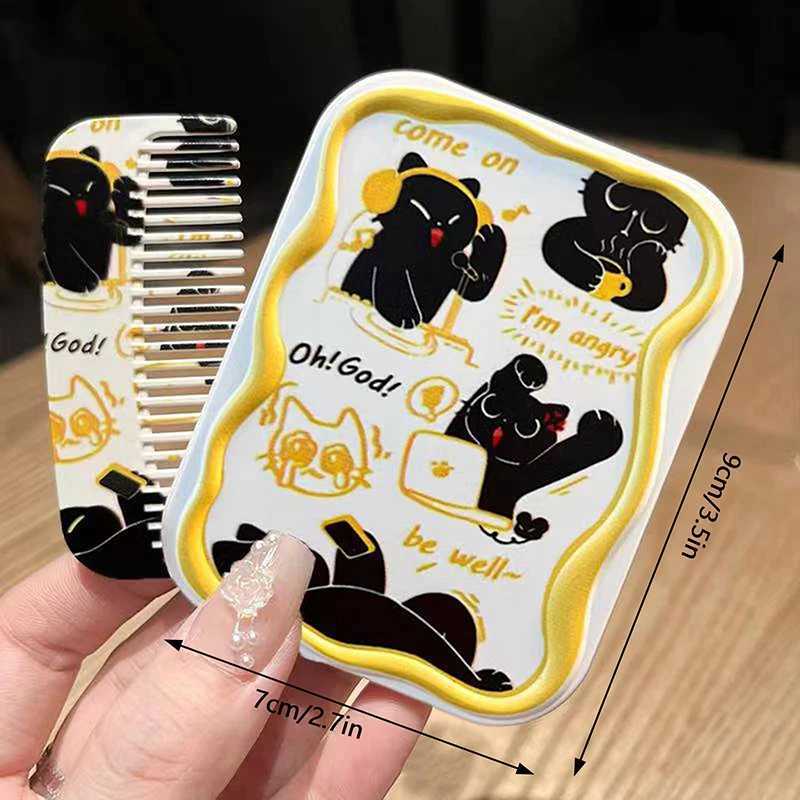 Cartoon Black Cat Pattern Flip-Top Folding Makeup Mirror Portable Pocket Mirror Rectangle Cosmetic Mirror With Comb For Women Y240819