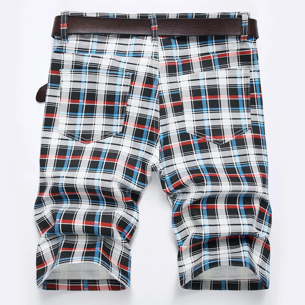 Mens plaid digital printed shorts summer Tatar stretch denim striped fashionable slim fit jeans 240819