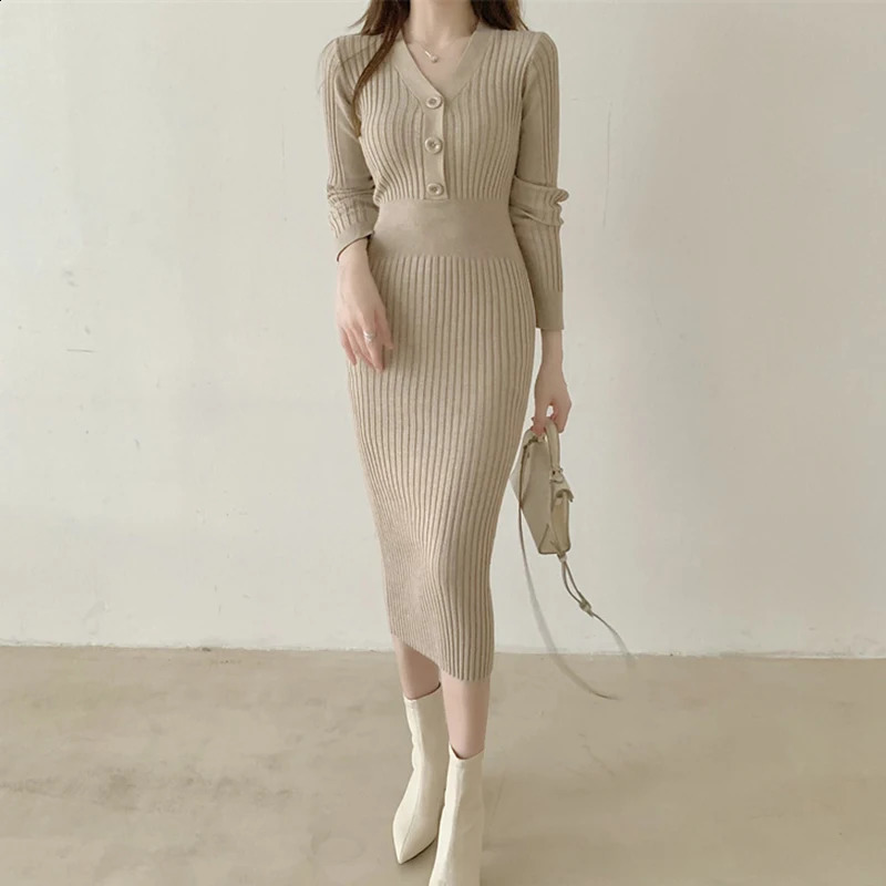 Vintage Knitted Sweater Long Sleeve Dresses Women Spring Fall Elegant Bodycon Korean Button V Neck Sweater Midi Dress Woman 240819