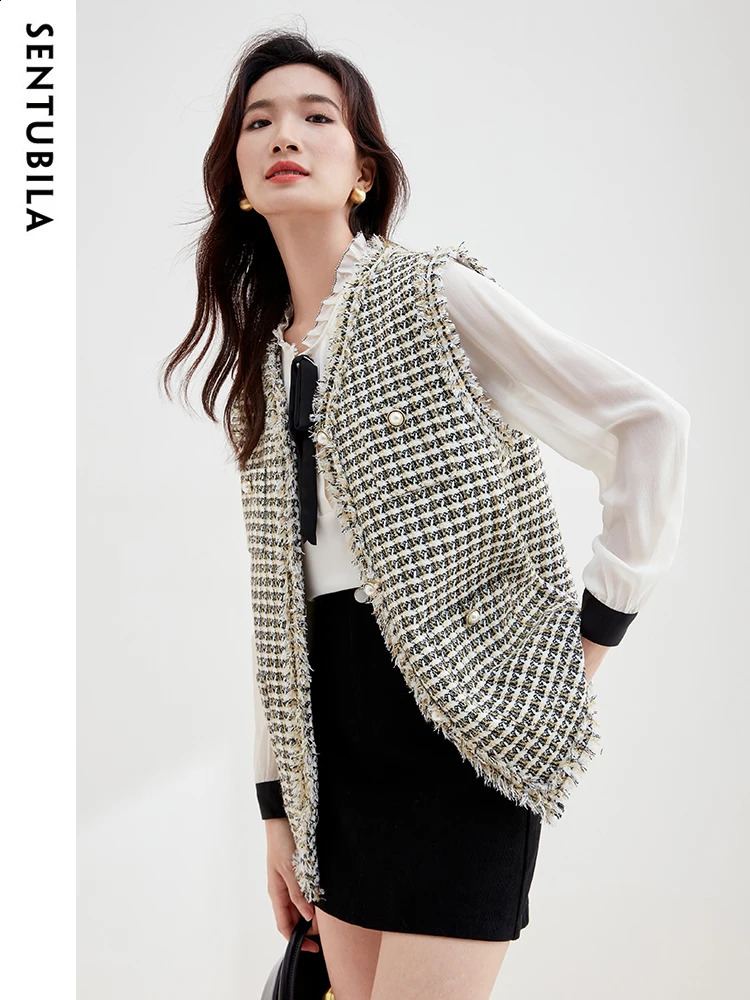SENTUBILA Tweed Sleeveless Jacket Womens Loose Hound Tank Top Spring and Autumn Vneck Fashion 133J50661 240819