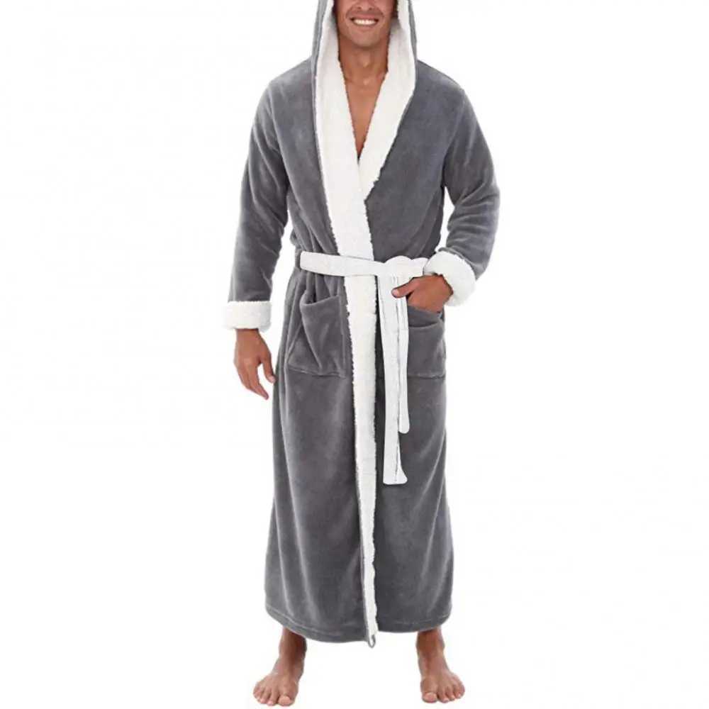 Sleepwear Soft Pocket Mens Coral Velvet Color Block Long Bath Robe Home Dress SleepwearW240719