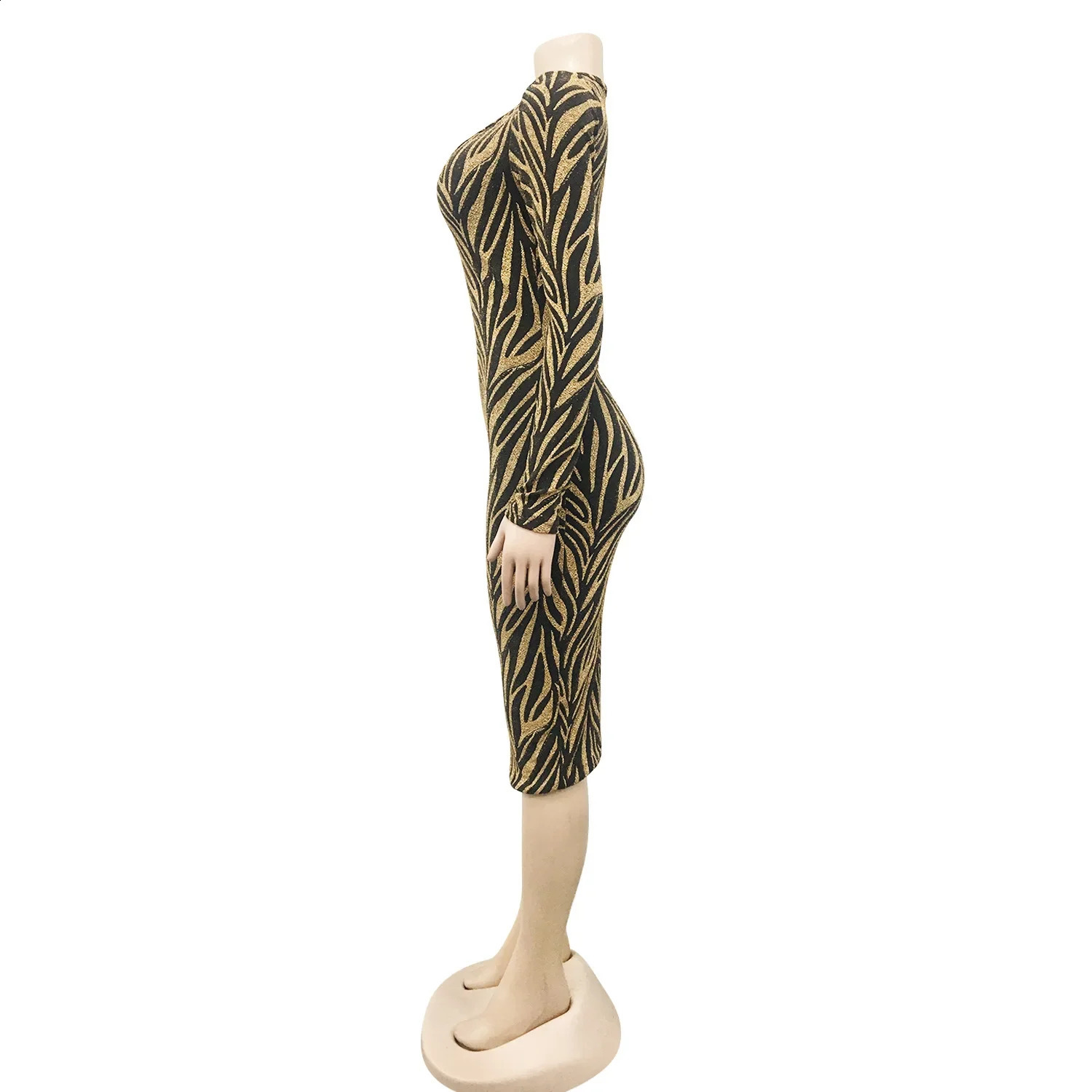 CM.YAYA Women Featuer Print V-neck Long Sleeve Party Sexy Bodycon Midi Dress 240819