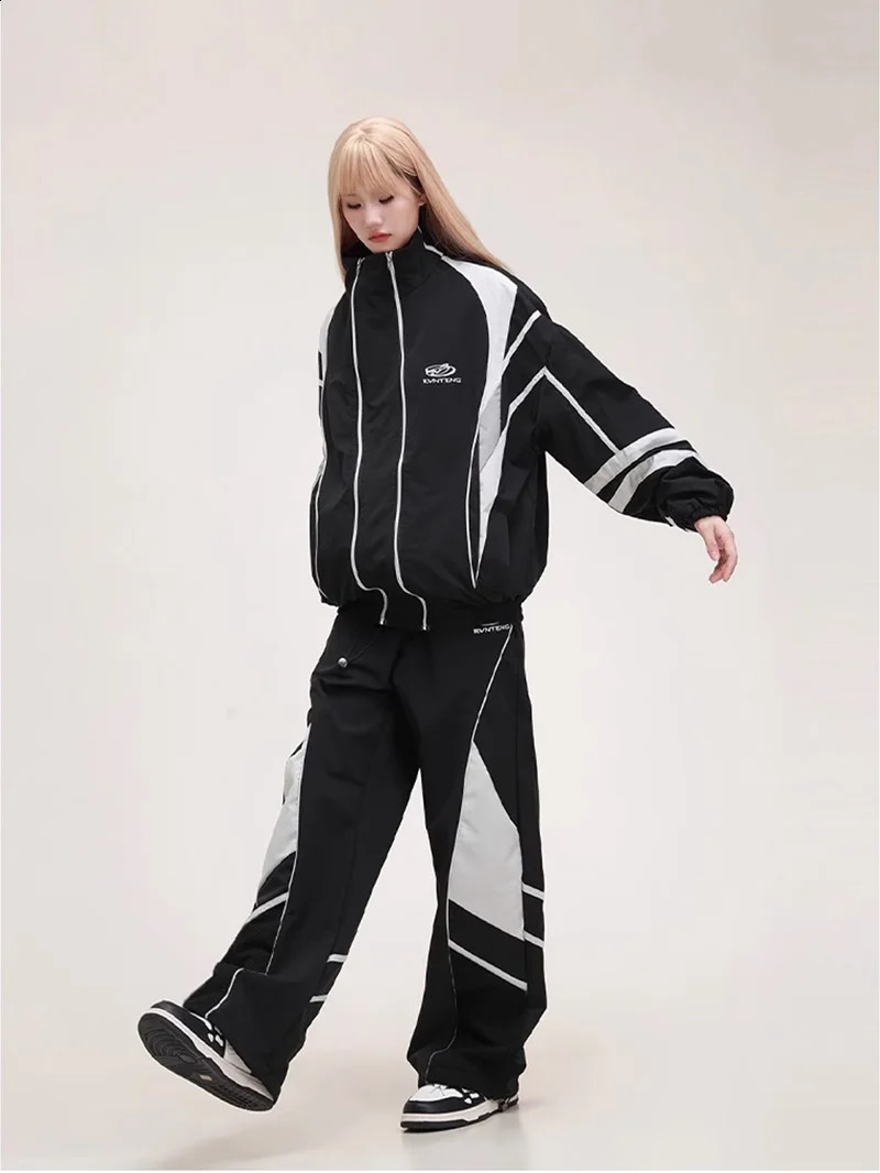 2piece American style High Street Sports Wear womens color matching jacket sports pants Hip Hop Dance Tracksuit set 240819