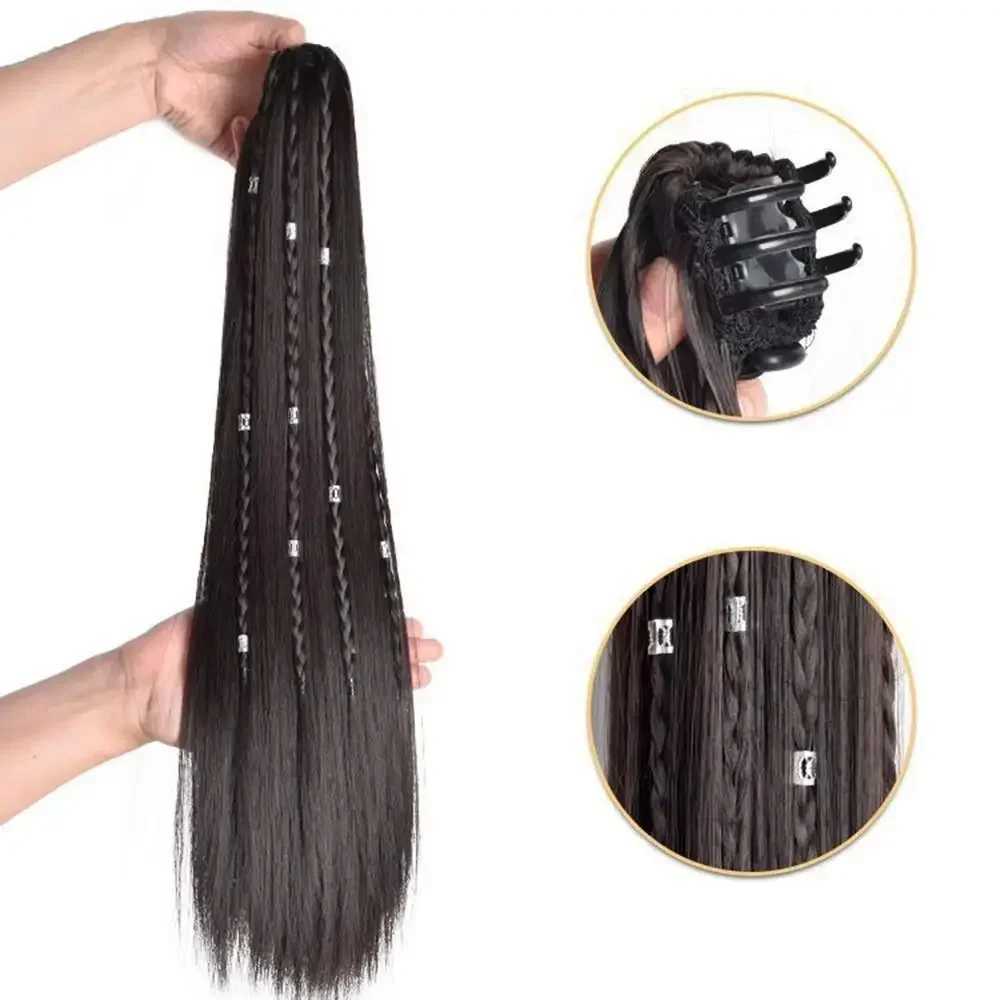 Female synthetic wig fake ponytail extended ethnic style straight twisted braid clip on wig hip-hop girl gentle version W240817