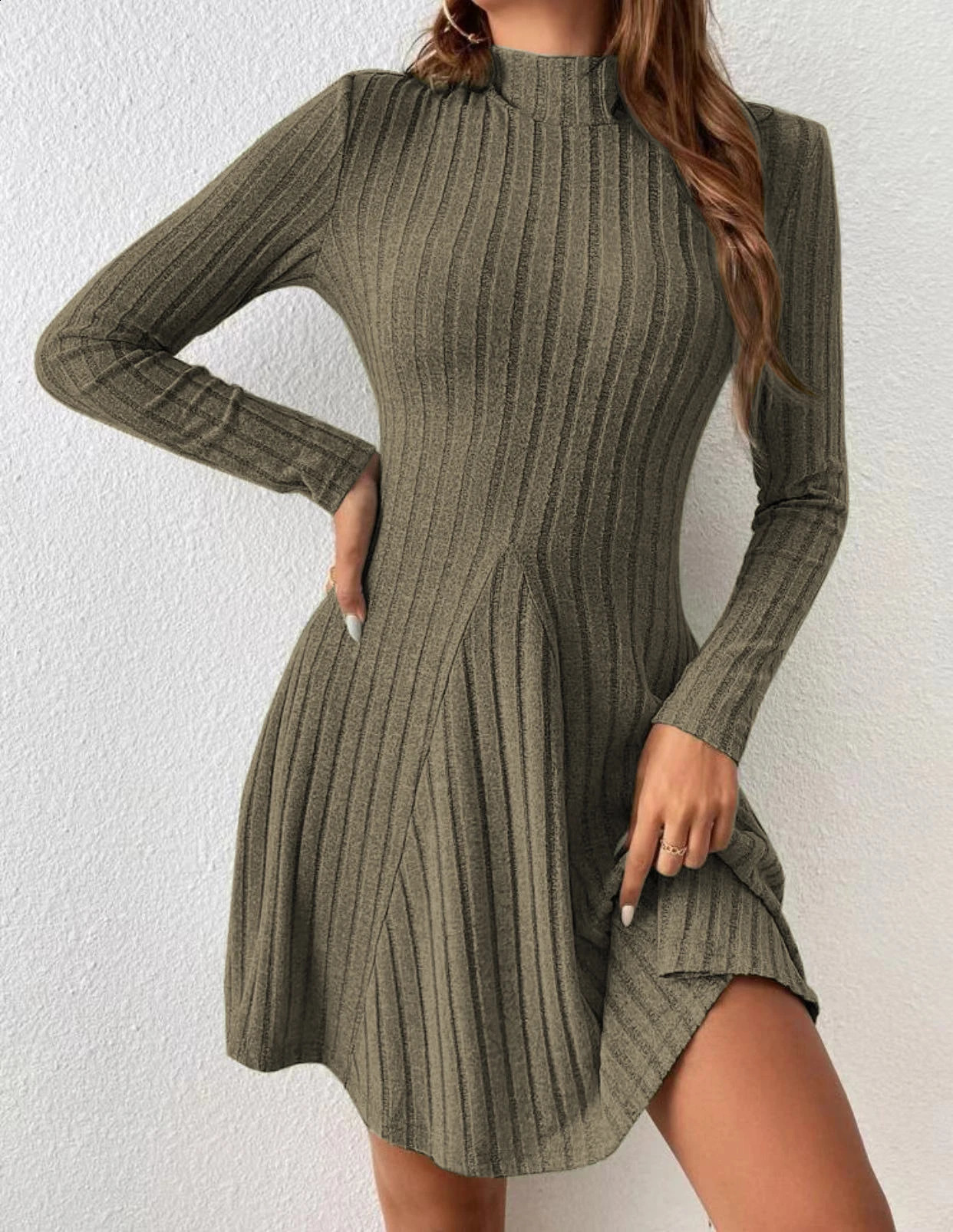 Fashion Slim Solid Color Ribbed Mock Neck Solid Dress Elegant Long Sleeve Dress For Spring Fall Womens Clothing 240819