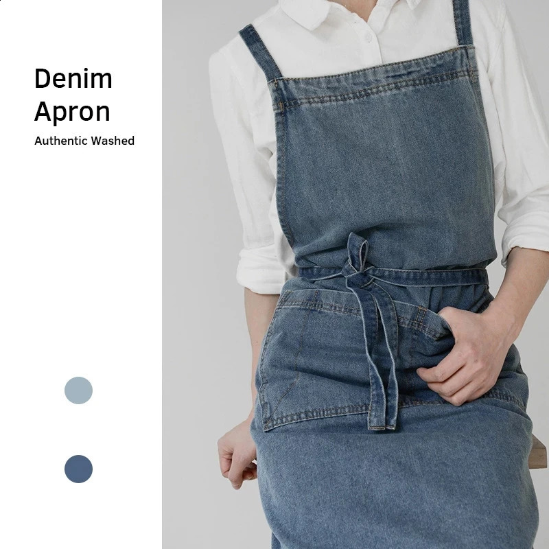 Denim Apron Cotton Korean Canvas Antifouling Home Cleaning Kitchen Cooking Work Clothes Barber Apron Leisure Gardening Baking 240819