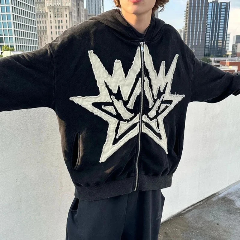 Mens Gothic Street Hoodie Embroidered Star Zipper Hoodie Retro Hip Hop European and American Autumn Winter Y2K 2024 240819