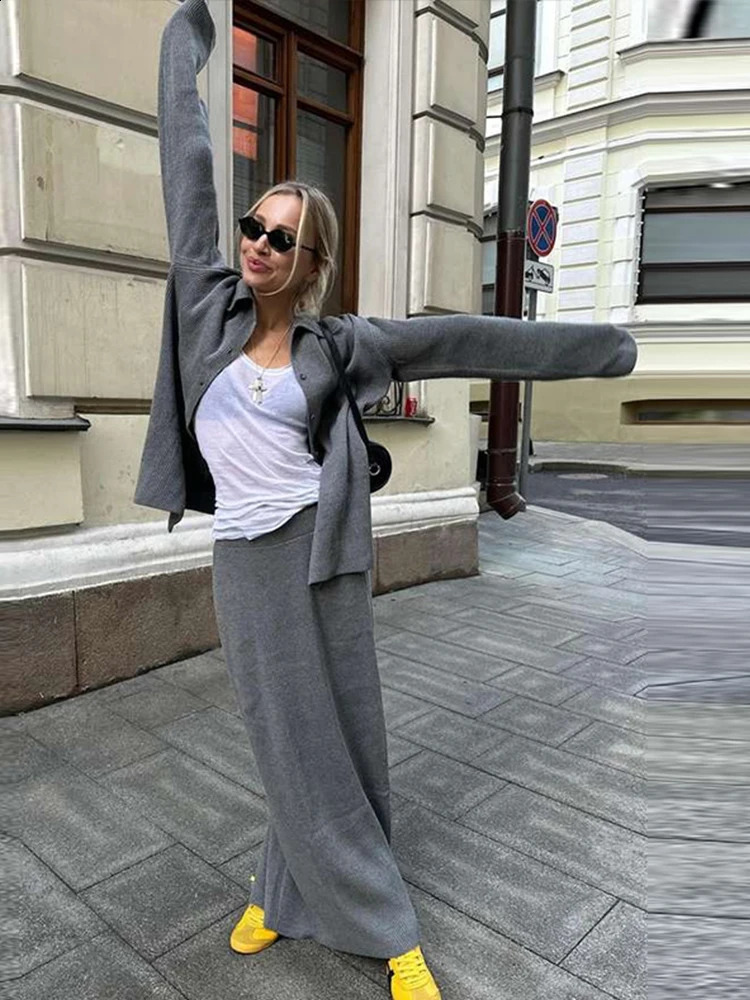 Knit Solid Sets For Women Turn-down Collar Single-breasted Cardigan Split Skirt High Waist Pants Loose Lady Autumn Streetwear 240819