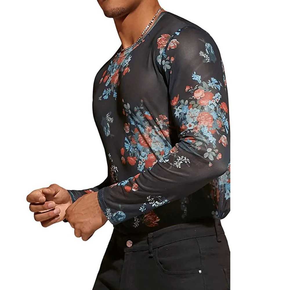 2024 Men T Shirt Printing O-neck Long Sleeve Tops Summer Sexy Mesh Streetwear See Through Fashion Man Clothing Party CamisetasXJ240819
