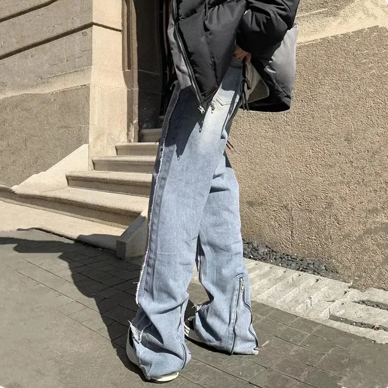 Ropa Grunge Y2K Streetwear Zipper Stacked Baggy Jeans Cargo Pants Men Clothing Straight Loose Denim Trousers Pantalon Homme 240819