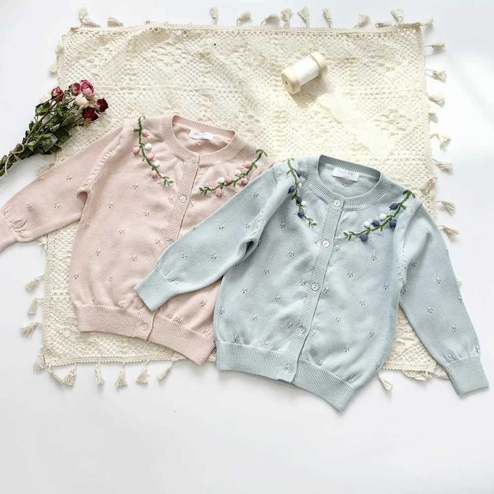 Baby Girls Cardigan With Hand Embroidery Toddler Knitted Top Kids Air Conditioning Clothes 2-7YXJ240819