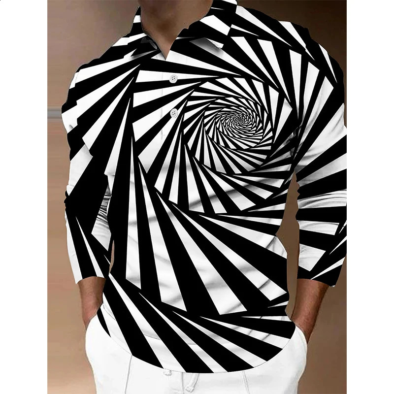 3D Print Optical Illusion Graphic Golf Polo Shirt For Men Oversized Long Sleeve Button Down Polo Shirts Clothing Apparel 240820