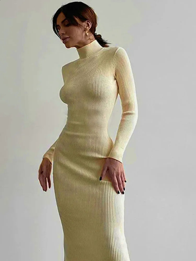 Autumn Winter Women Turtleneck Knitted Dresses Elegant Solid Bodycon Long Sleeve Sweater Dress Spring Office Lady Sexy Dresses 240819