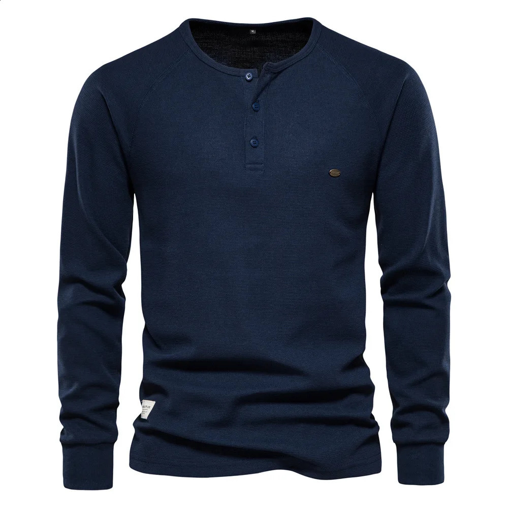 Spring Autumn Waffle Henley T-Shirt Men Long Sleeve Breathable Mens Tops Tee Shirts Solid Color Pullover T Shirt For Men 240820