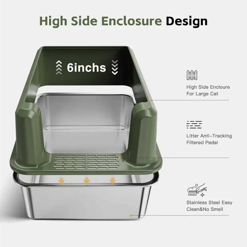 Large Stainless Steel High-Sided Enclosed Cat for XL Cats, Easy Clean Metal Kitty Litter Box with Scoop