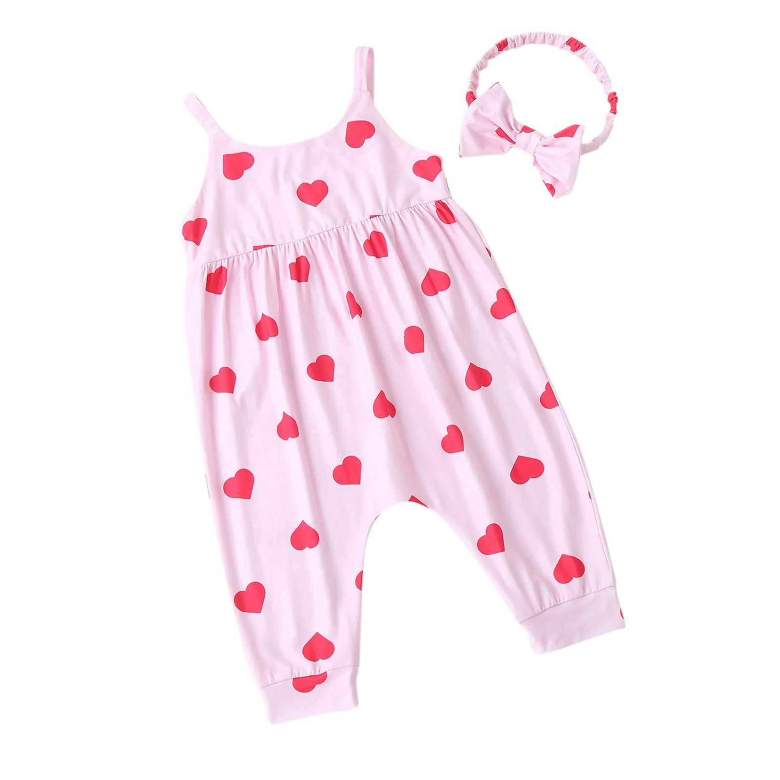 Baby jumpsuit baby print headband Valentines Day heart girl sleeveless love girl jumpsuit baby jumpsuit W240806