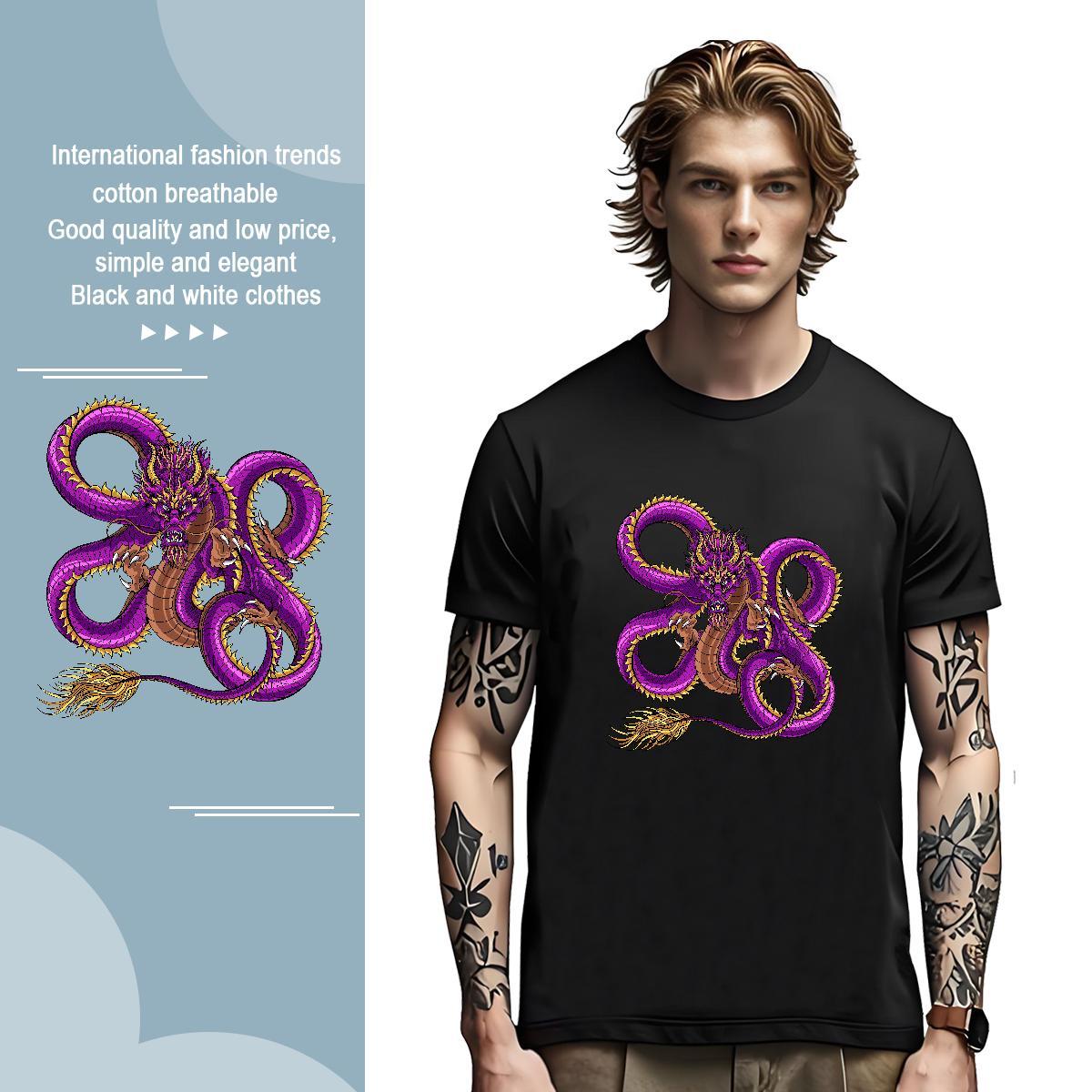 Man T Shirts 230g 100% Cotton dragon Beach Breathable Short Sleeve Anime Men Tshirts Fashion Design Loose Fit Tops Shirt