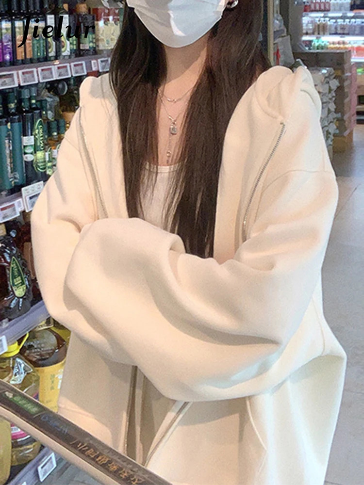 Jielur Loose O-neck Hooded Womens Sweatshirts Zip-up Simple Solid Color Sweet American Female Hoodies White Casual Sweatshirt 240819