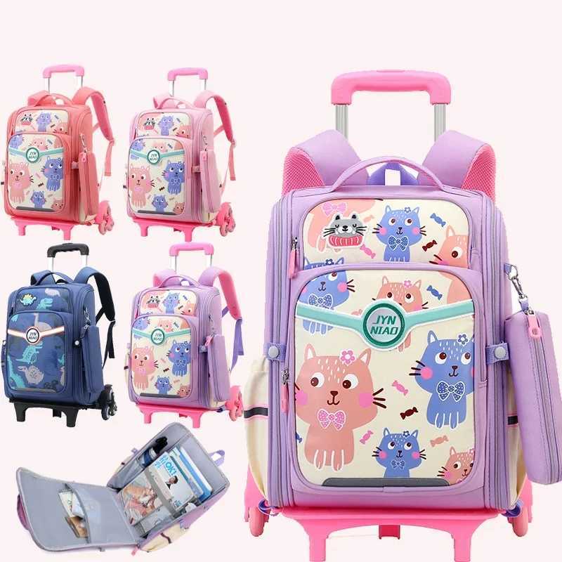 Waterproof School Backpack with Wheels Children School Bags for Girls Kids Trolley Schoolbag Luggage Large Capacity Book Bags Y240820
