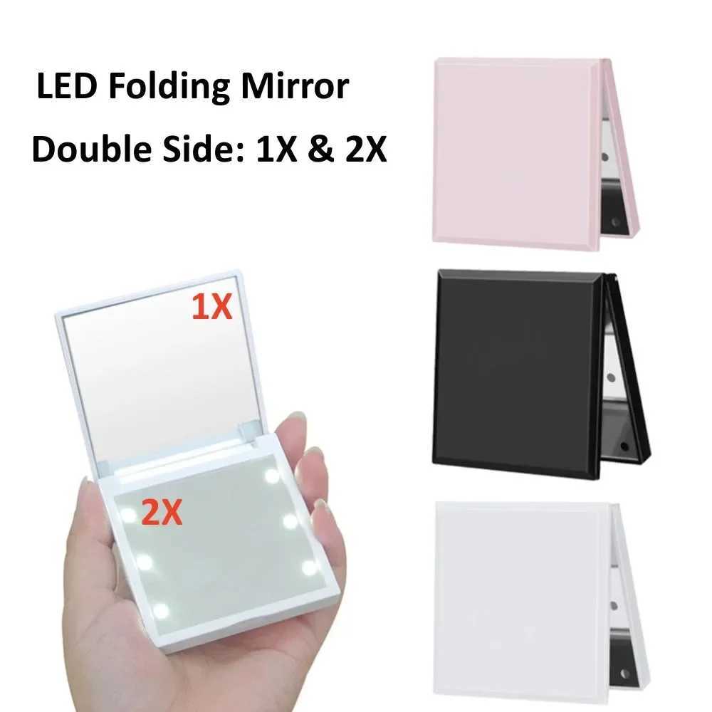 6 Led Makeup Mirror With Light 1x 2x Magnifying Small Pocket Portable Travel Pink Black White Foldable Cosmetics Vanity Mirrors Y240819