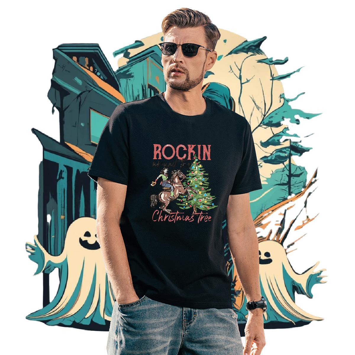 DIY Christmas tree Tshirts 230g Pure Cotton Men T Shirts Custom Cartoon High Street Hip Hop Breathable Short Sleeve High Quality Tops Shirt