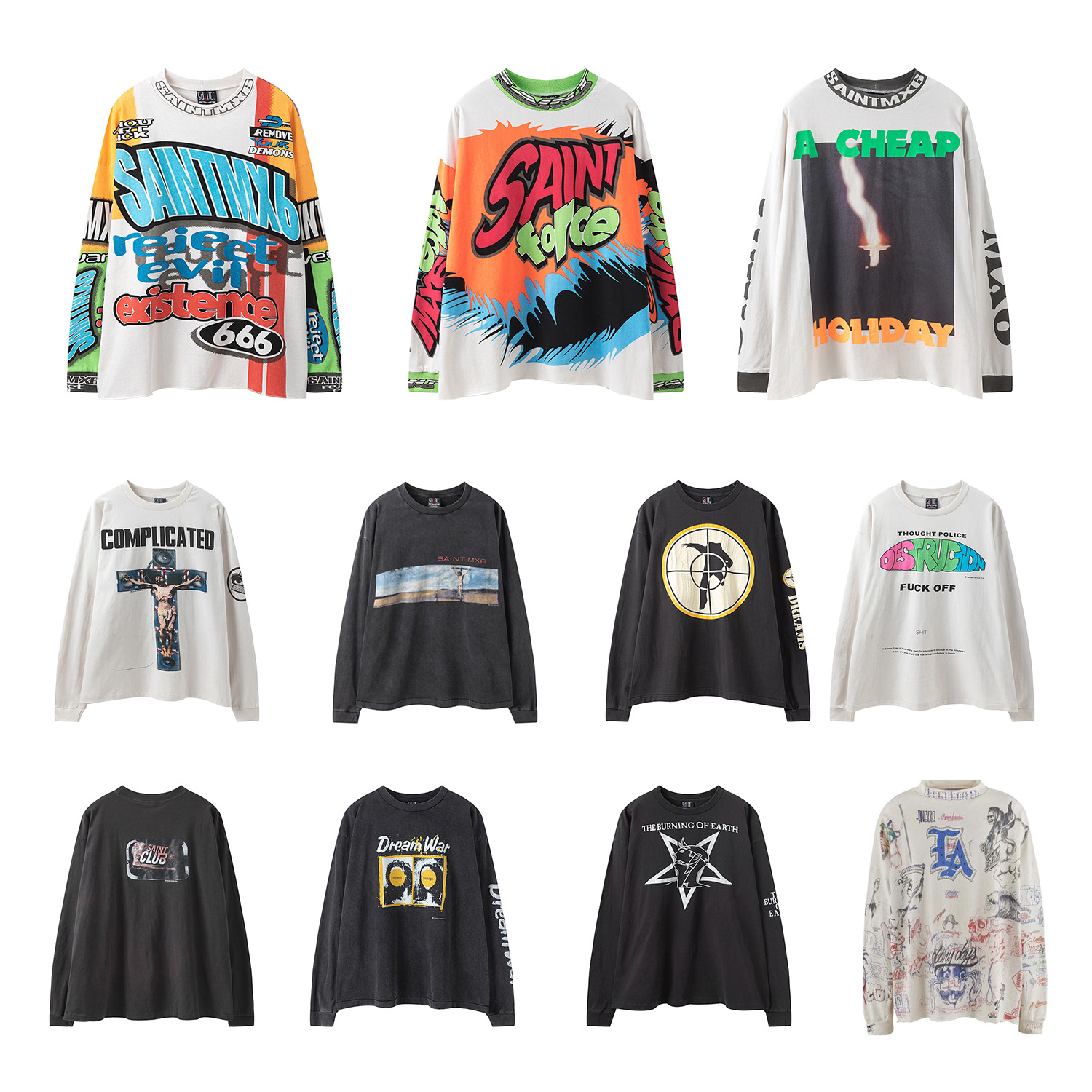 Long sleeve T shirt saint michael bottoming shirt designer T shirt retro oil painting printing high street men and women couples loose casual round neck short