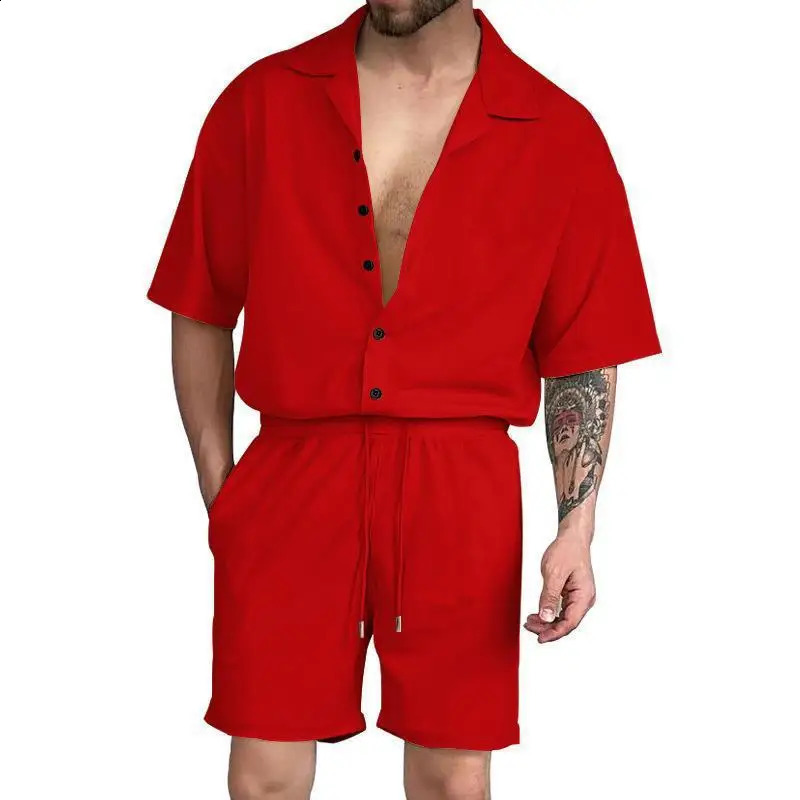 Fashion Mens Outfit Set Summer Beach Solid Short-sleeved Cardigan Shirt Shorts Suit Male Casual Suits Male Costumes Pour Hommes 240819