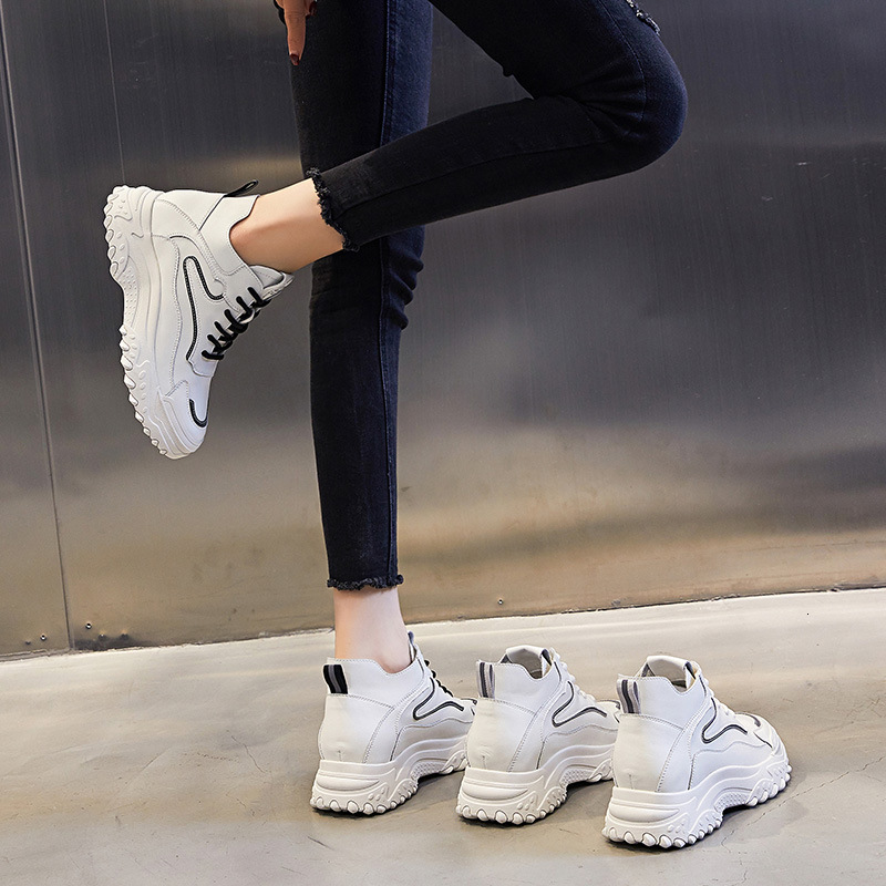 Ddmysports Spring Summer New Flat Bottom Casual Single Thick Sole Igh Top Genuine Leather Sports Versatile Little White Shoes Women S OUTDOOR