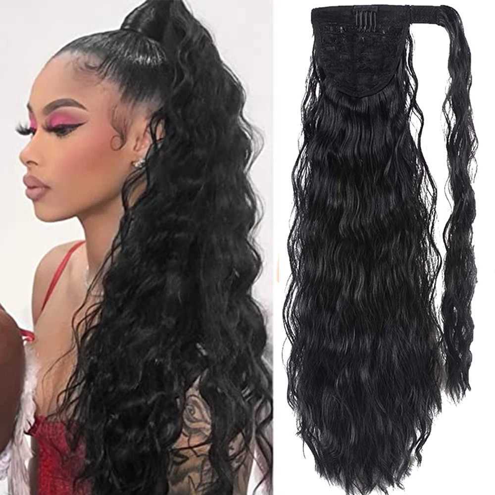 55CM long corn wavy ponytail with hair wrapped around the hair clip Ombre black hair extension ponytail W240817