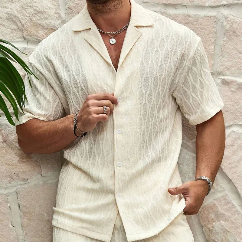 Stylish Mesh Lace See Through Shirts Men Vintage Turn-down Collar Buttoned Shirt 2024 Summer Short Sleeve Mesh Cardigans Set 240819