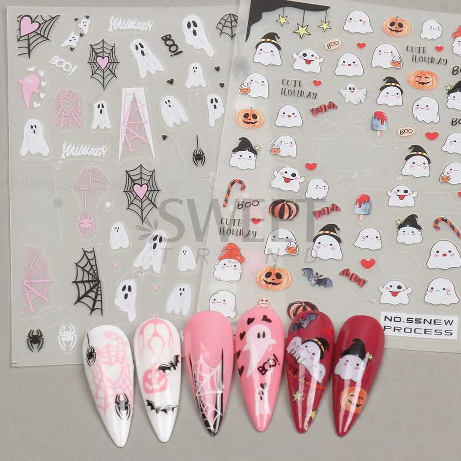 Halloween 3D Heart Web Nail Sticker Cute Holiday Cartoon Design Spider Pumpkin Ghost Sliders for Nails Manicure Decor SANO53XJ240815