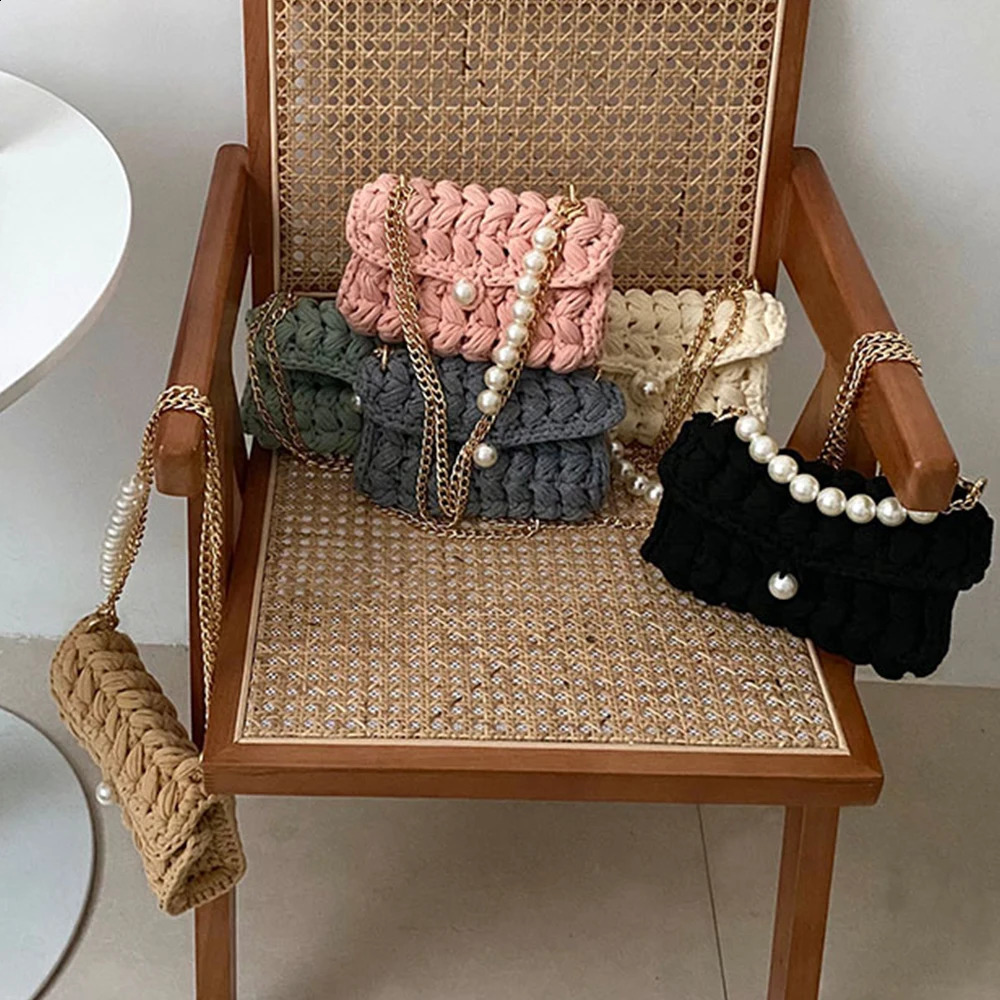 3 Handmade Rope Crochet Womens Shoulder er Knitting Crossbody Bags for Women Handbags Pearls Chains Sg Bag Tote 240819 4