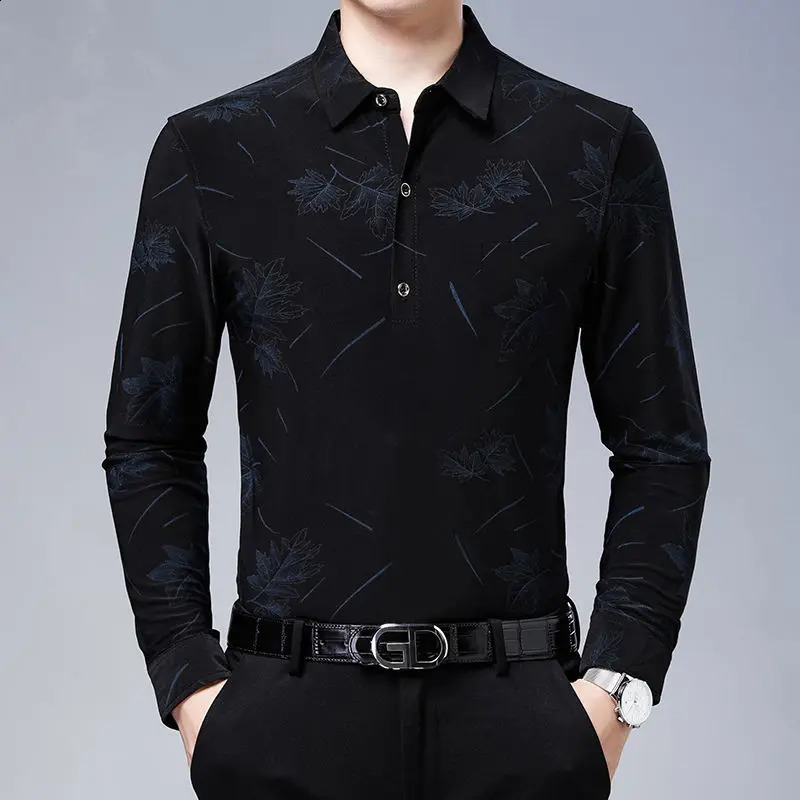 Autumn Mens Long Sleeve Turn-down Collar Button Fashion Business Loose Large Solid Color Printed Pullover Polo Shirts Tops 240820