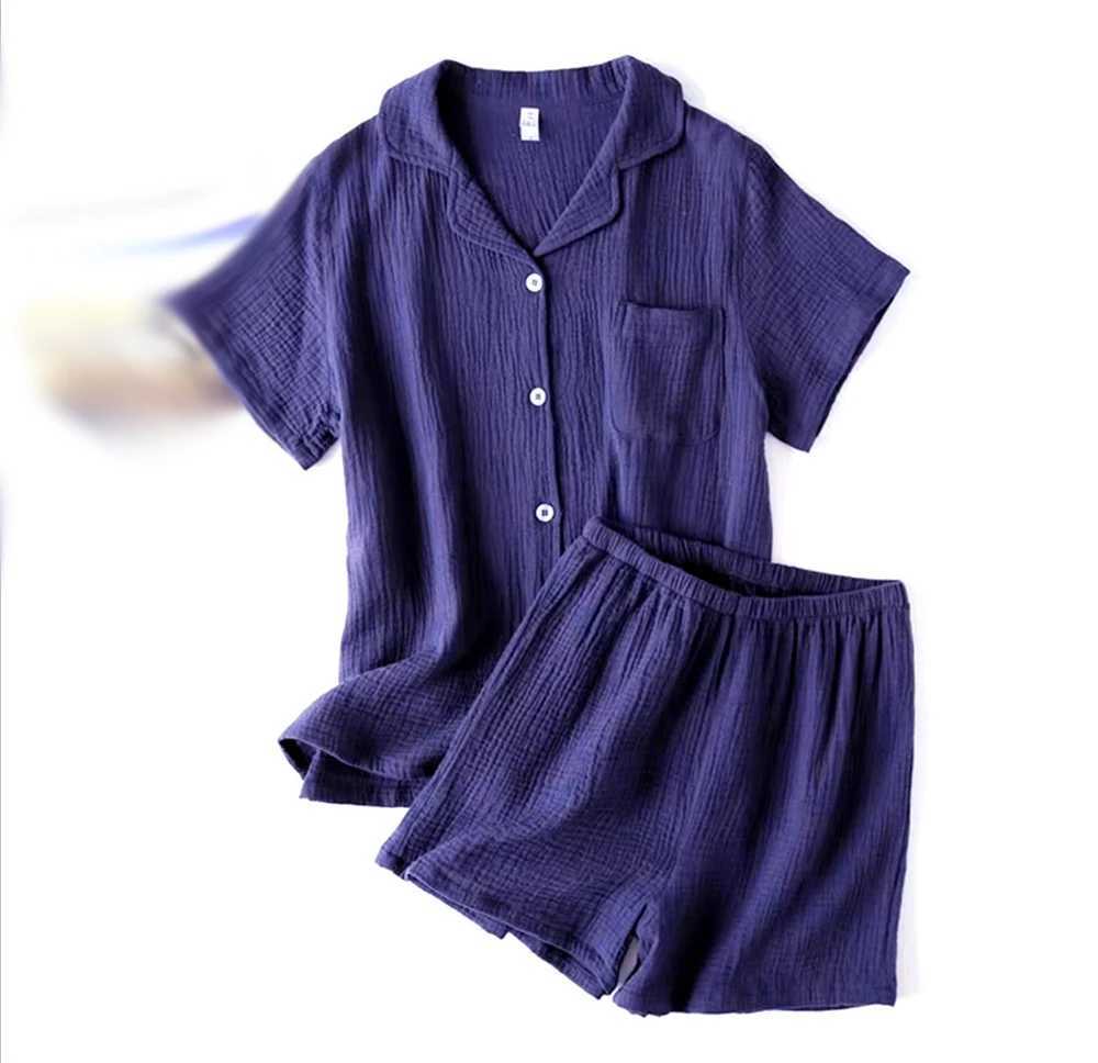 Cotton Crepe Mens Short sleeved Pajama Set with Collar Elastic Waist Short sleeved Thin Pajama Home Clothing Set Boys GiftW240719
