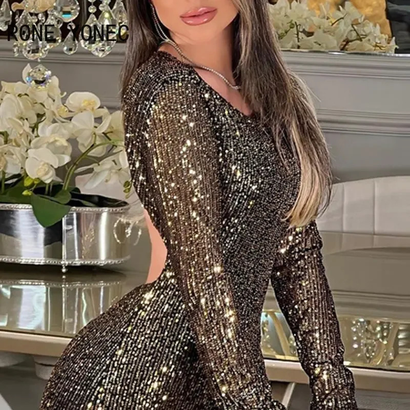 Women Chic Solid Sequins Sexy Long Sleeves Lace Up Backless Mini Bodycon Party Dresses 240819