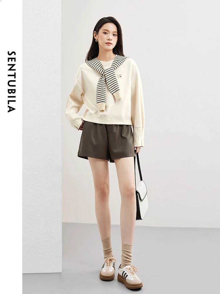 SENTUBILA Almond Simple Round Neck Sweatshirt for Women Spring Straight Casual Zipper Womens Long Sleeve Top 141A52744 240814