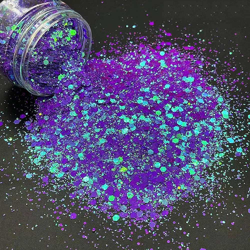 Chunky Blue/Purple/Pink AB Color Shift Glitter Nail Art Flakes 20Grams Holographic Hex-Custom Polyester Spangles Sparkly SequinsXJ240815