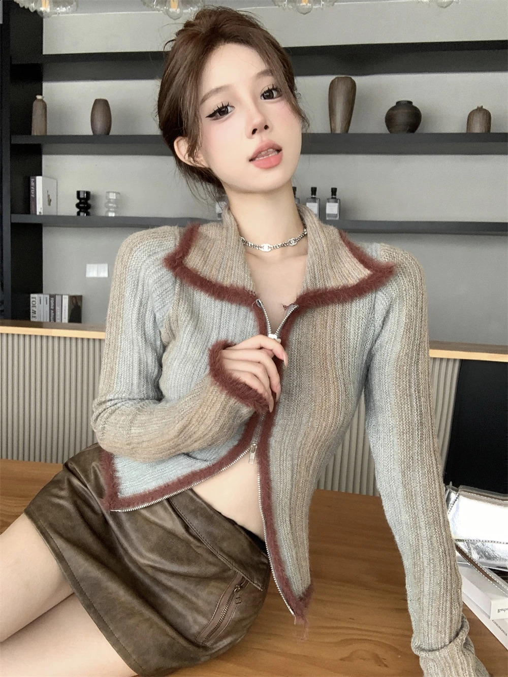 Casual contrasting color cardigan womens autumn long sleeved zipper knitted top with collar n open front sweater 240819