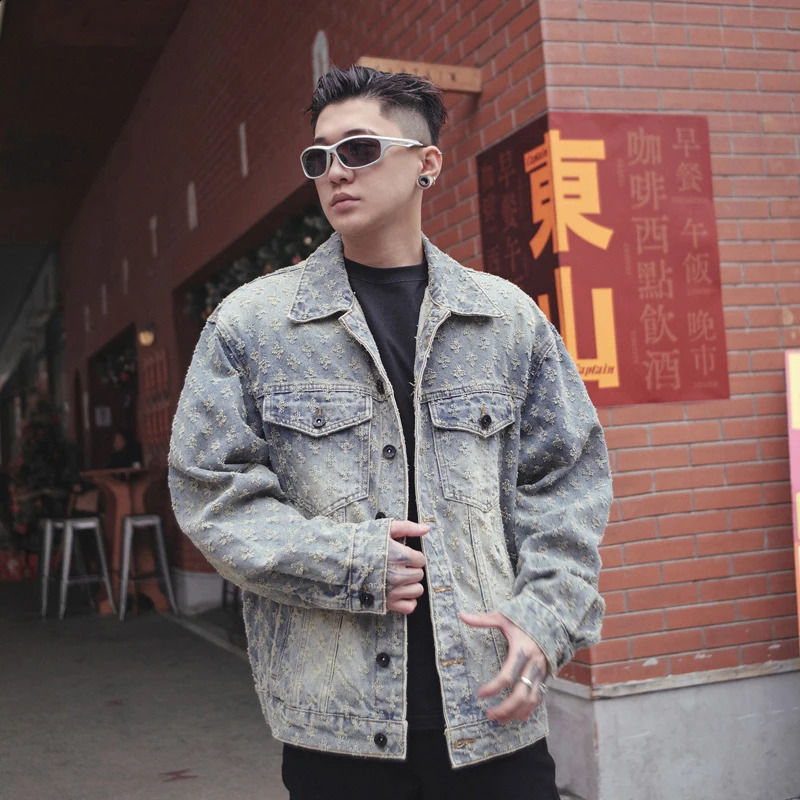 2024 Street beat highend mens loose denim jacket personalized jacquard pattern do old heavy 240819