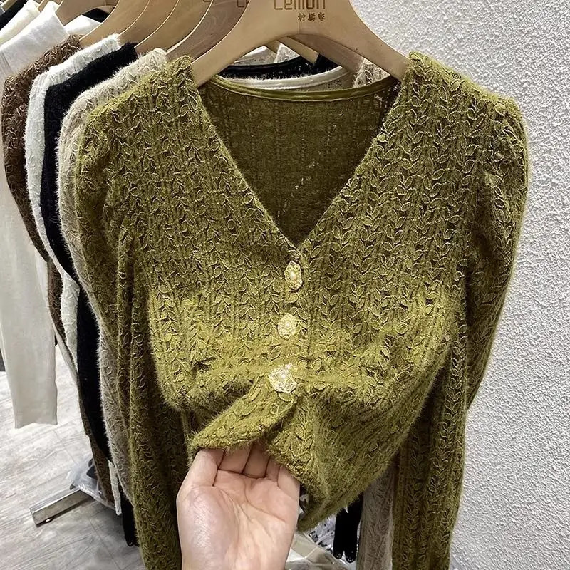 Womens Lace Knitted Autumn Winter Solid Color V-Neck Jacquard Weave Button Fashion Loose Long Sleeve Tops 240819