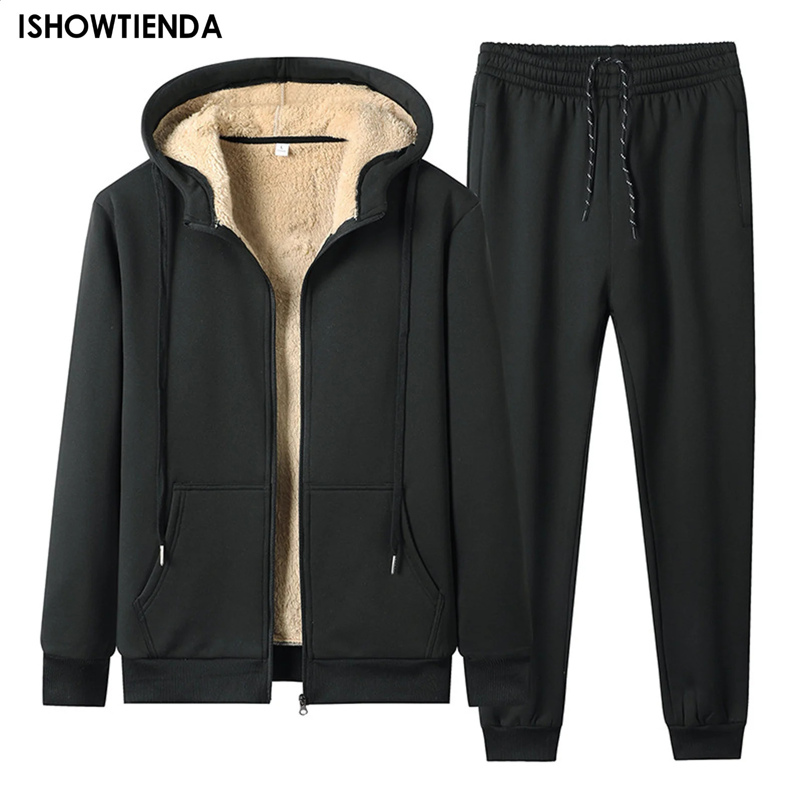 Tracksuit Men 2 Pieces Set Warm Fur Inside Sweatshirt Thicken Jacketpant Set Cardigan Winter Fleece Hood Male Hoodies Coat 240819