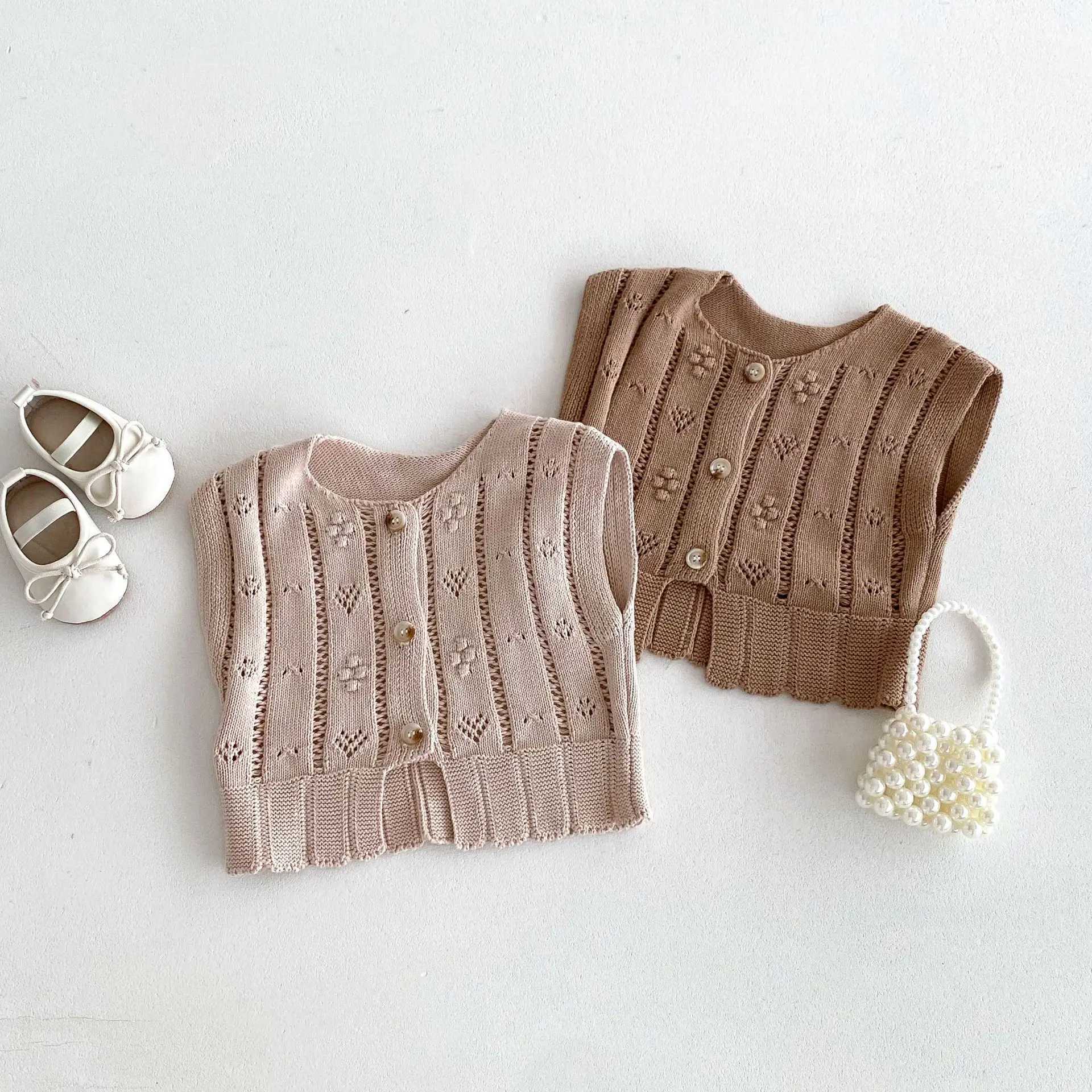 2024 Autumn New Children Knitted Vest Baby Sleeveless Casual Coat Girls Cute Hollow Out Knitwear Kids Versatile Sweater CardiganXJ240819