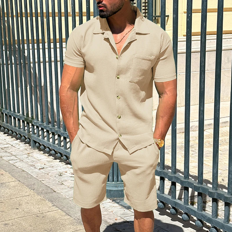 Summer Men Button Cardigan Shorts Suit Casual Sports Lapel T-Shirt Short Sleeve Solid Beach Mens 2 Pieces Set 240819