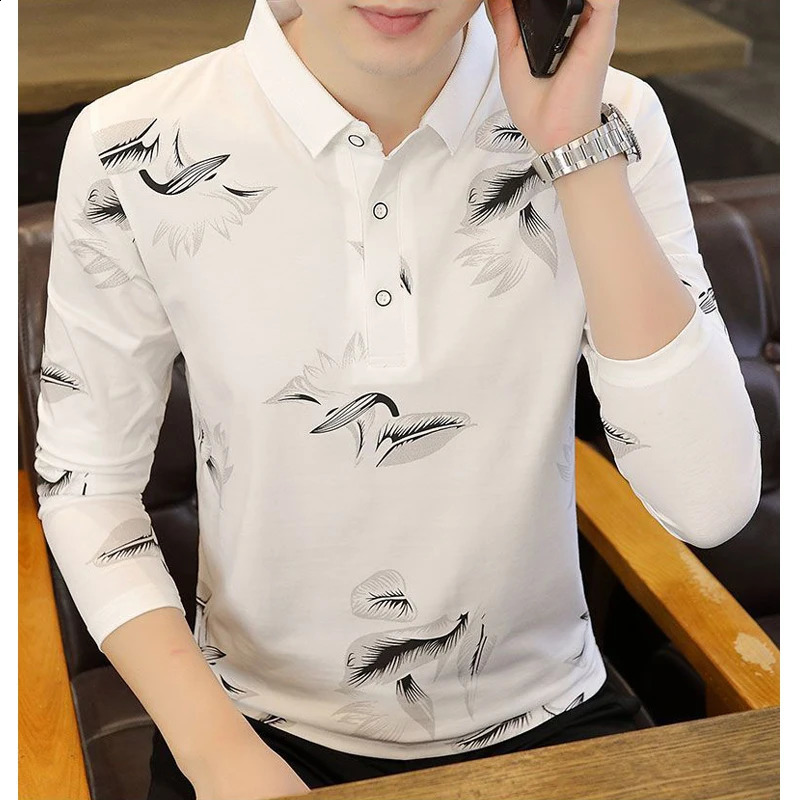 Mens Clothing Korean Fashion Business Casual Feather Print Polo T-shirt Spring Autumn High Quality Long Sleeve Slim Basic Tops 240820